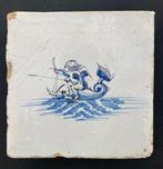 Tegel - Antieke Delfts blauwe tegel met een engel op een, Antiek en Kunst