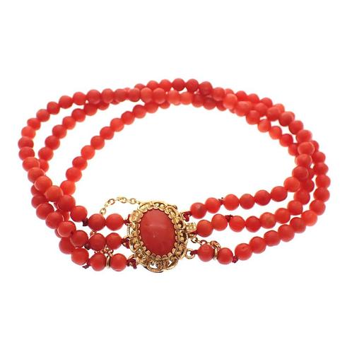 Bloedkoraal kralen armband met gouden slot; Antiek | Ø 55 m, Sieraden, Tassen en Uiterlijk, Armbanden, Overige kleuren, Gebruikt