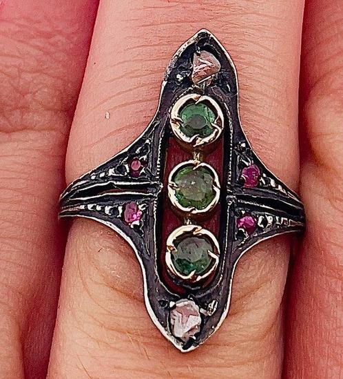 Zonder Minimumprijs - Ring - 9 kt. Geel goud, Zilver Smaragd, Sieraden, Tassen en Uiterlijk, Ringen