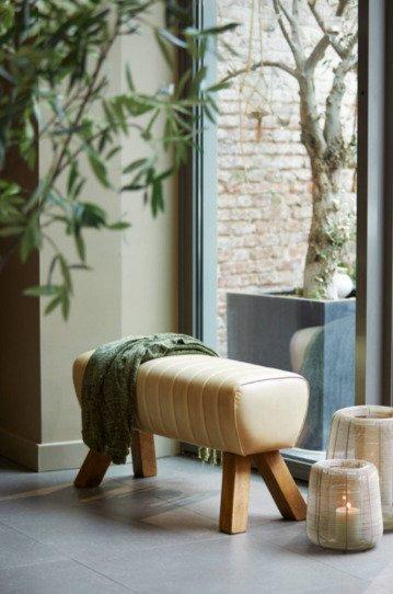 Gym Bench Leather Sand - Gangbankje - Hout, Leder, Antiek en Kunst, Kunst | Designobjecten