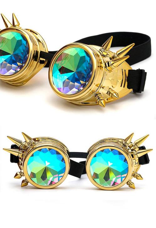 Goggles Steampunk Bril Spikes Goud Montuur Caleidoscoop Glaz, Hobby en Vrije tijd, Feestartikelen, Carnaval, Feestartikel, Nieuw