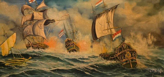Nederlandse school (XX) - Grande battaglia navale - XL, Antiek en Kunst, Kunst | Schilderijen | Klassiek