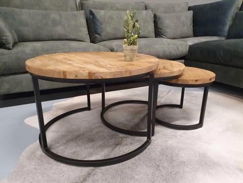 ACTIE! Salontafel Harpel | Set van 3 rond | Mangohout | €319, Huis en Inrichting, Tafels | Salontafels, 50 tot 100 cm, Rond, Nieuw