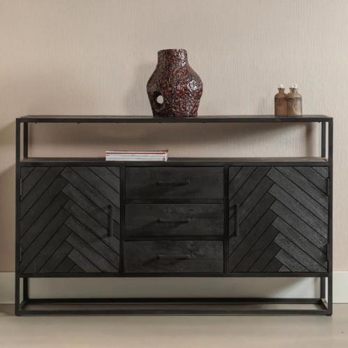Dressoir Mangohout Kjeld 145 Hoog Zwart, Huis en Inrichting, Kasten | Dressoirs, 100 tot 150 cm, 25 tot 50 cm, Nieuw, Overige houtsoorten