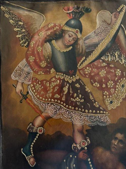 Cuzco School (XX) - Archangel Raphael holding a long shield, Antiek en Kunst, Kunst | Schilderijen | Klassiek