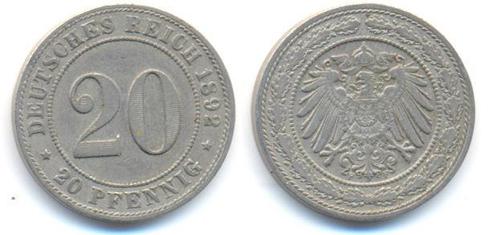 20 Pfennig 1892 F Kaiserreich: Kleinmunten koper-nikkel, Postzegels en Munten, Munten | Europa | Niet-Euromunten, Verzenden