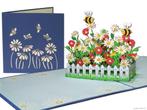 Vrolijke bijen in een bloemenperk pop-up wenskaart, Nieuw, Verzenden