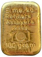 100 gram goudbaar Emeko (België) (1.5% boven spot), Postzegels en Munten, Edelmetalen en Baren, Goud, Verzenden