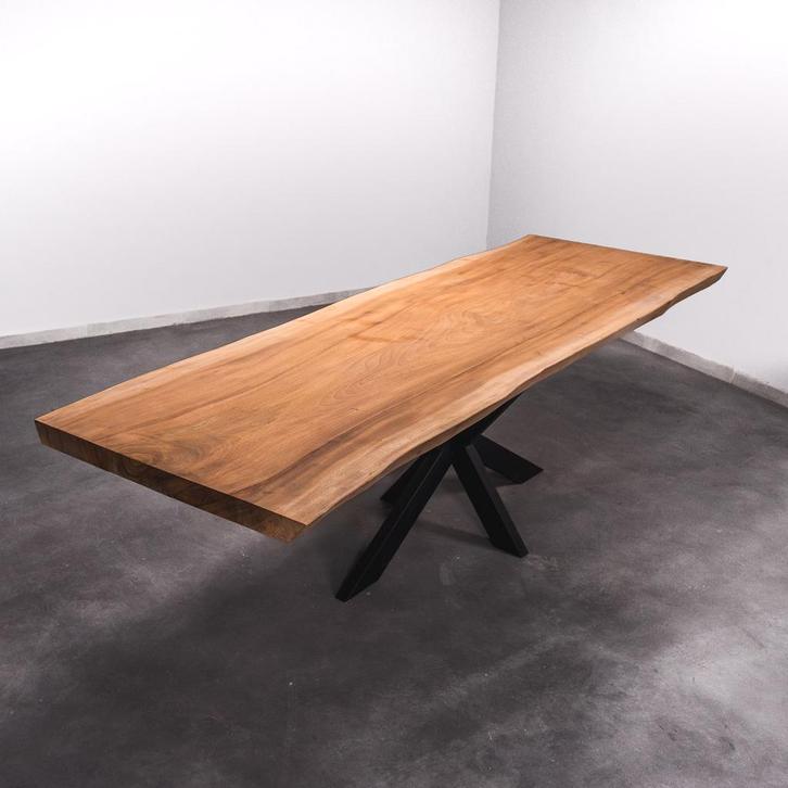 Boomstamtafel, Eettafel 310x105 massief hardhout, metaalpoot, Huis en Inrichting, Tafels | Eettafels, 100 tot 150 cm, 200 cm of meer