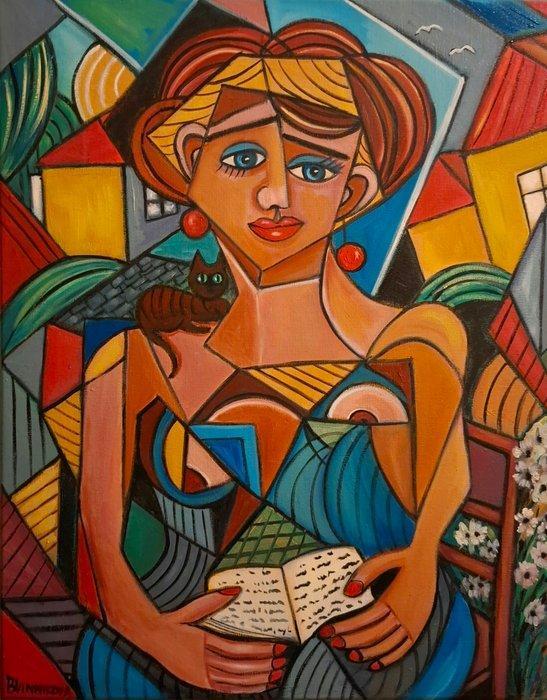 Olena Blinnikova(1963) - Oil painting-Mulher com um livro-No, Antiek en Kunst, Kunst | Designobjecten