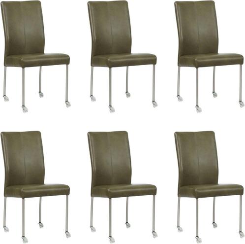 Set van 6 Feloranje leren moderne eetkamerstoelen - poot ron, Huis en Inrichting, Stoelen, Vijf, Zes of meer stoelen, Overige kleuren