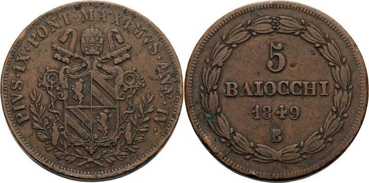 5 Baiocchi 1849, Italien-kirchenstaat/vatikanstadt Pius I..., Postzegels en Munten, Munten | Europa | Niet-Euromunten, Verzenden