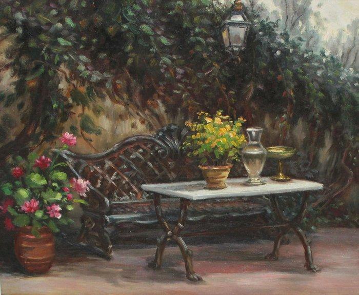 Spaanse school (XX) - Refugio entre flores y sombras, Antiek en Kunst, Kunst | Schilderijen | Klassiek