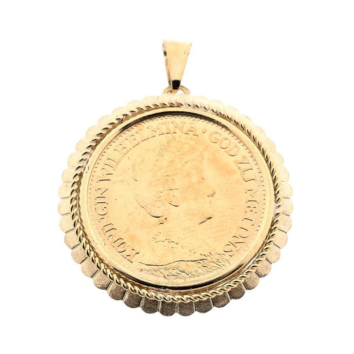 Gouden hanger van 10 gulden munt Koningin Wilhelmina 1912, Sieraden, Tassen en Uiterlijk, Bedels, Gebruikt, Overige merken, Goud