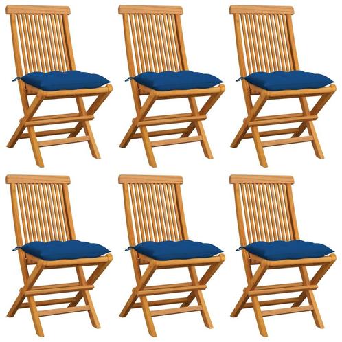 vidaXL Tuinstoelen 6 st met blauwe kussens massief teakhout, Tuin en Terras, Tuinstoelen, Nieuw, Teakhout, Verzenden