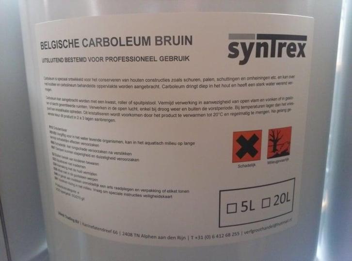 Syntrex Belgische Carboleum bruin 120 Liter, Doe-het-zelf en Verbouw, Verf, Beits en Lak, Beits, Bruin, Nieuw, 20 liter of meer