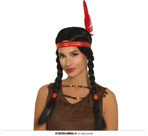 Indiaanse pruik met vlechtjes en hoofdband + veer, Kleding | Dames, Carnavalskleding en Feestkleding, Nieuw, Ophalen of Verzenden