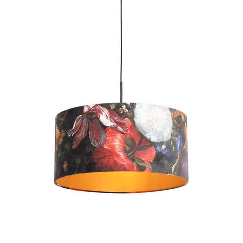 Hanglamp met velours kap bloemen met goud 50 cm - Combi, Huis en Inrichting, Lampen | Hanglampen, Nieuw, Overige materialen, 75 cm of meer