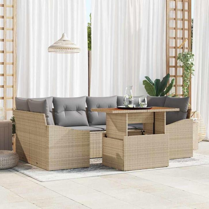 vidaXL Tuin Sofa Set met opslag 7 pcs Beige Poly riet, Tuin en Terras, Tuinsets en Loungesets, Nieuw, Rotan, Verzenden