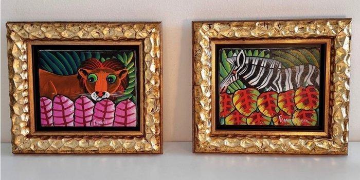 Francis Paraison (1958-2003) - Lion in Jungle and Zebra with, Antiek en Kunst, Kunst | Schilderijen | Modern