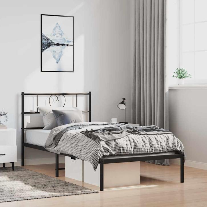 vidaXL Bedframe met hoofdbord metaal zwart 100x190 cm, Huis en Inrichting, Slaapkamer | Bedden, 100 cm, 190 cm of minder, Zwart