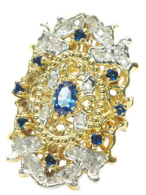 Zonder Minimumprijs - Ring - 9 kt. Geel goud, Zilver Saffier, Sieraden, Tassen en Uiterlijk, Ringen