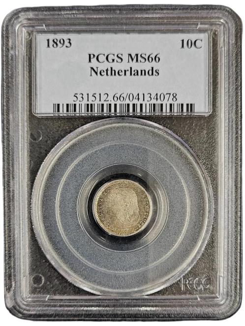 Koningin Wilhelmina 10 cent 1893 MS66 PCGS gecertificeerd, Postzegels en Munten, Munten | Nederland, Losse munt, Zilver, Verzenden