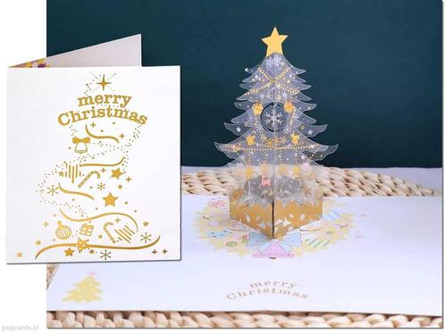 Kerstkaart Gouden Kerstboom met glanzende versieringen po..., Diversen, Wenskaarten, Verzenden