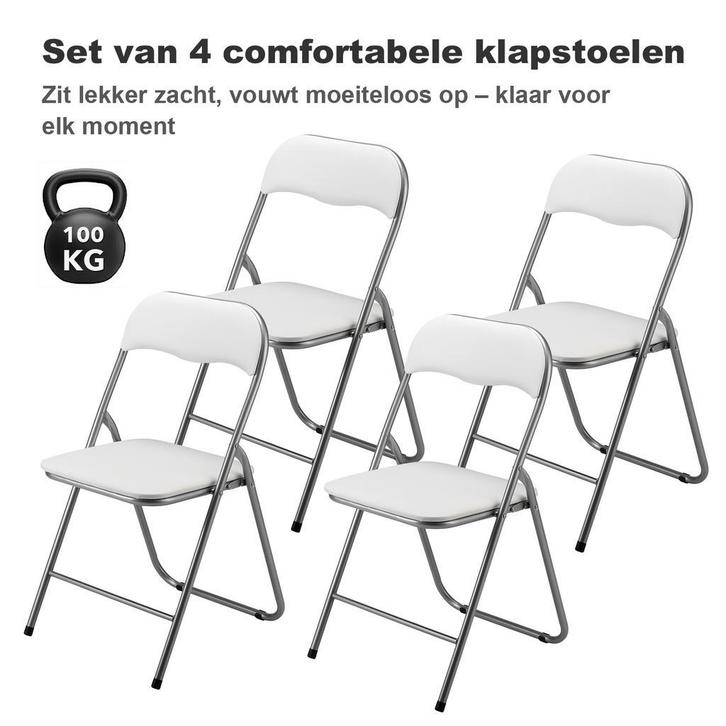 BARDI 4 Stuks Klapstoelen met Kussentjes 100KG - WIT, Huis en Inrichting, Stoelen, Vier, Wit, Nieuw, Kunststof, Metaal, Ophalen of Verzenden