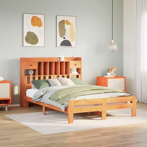 vidaXL Bed met boekenkast zonder matras grenenhout wasbruin, Huis en Inrichting, Slaapkamer | Bedden, 140 cm, 200 cm, Bruin, Tweepersoons