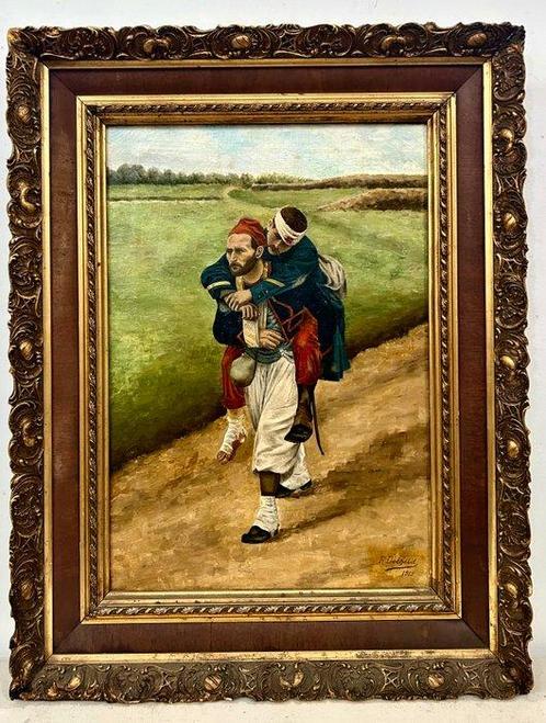 R. Delfeid (XIX-XX) - Un zouave portant un blessé, Antiek en Kunst, Kunst | Schilderijen | Klassiek