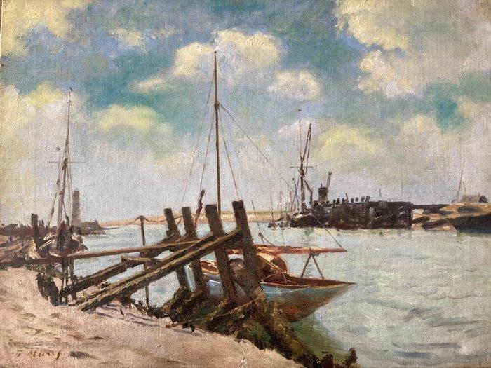 Jacob Maris (1837–1899) - Dutch Harbour with Jetty and, Antiek en Kunst, Kunst | Schilderijen | Klassiek