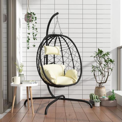 vidaXL Hangstoel met kussen poly rattan en staal crèmewit, Tuin en Terras, Tuinbanken, Nieuw, Rotan, Verzenden