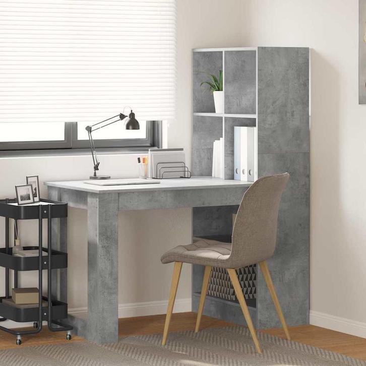 vidaXL Bureau met plank Beton Grijs 122 x 67 x 145 cm, Huis en Inrichting, Bureaus, Nieuw, Verzenden