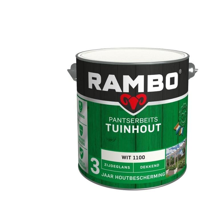 Rambo Pantserbeits Tuinhout Zijdeglans Wit 2.5L, Doe-het-zelf en Verbouw, Verf, Beits en Lak, Beits, Wit, Nieuw, Minder dan 5 liter