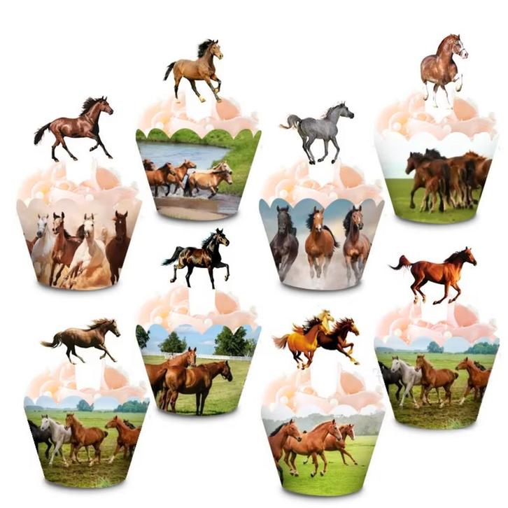 8 Paarden cupcake wrappers en 8 cupcake toppers, Hobby en Vrije tijd, Taarten en Cupcakes maken, Taarten of Cupcakes, Nieuw, Versiering