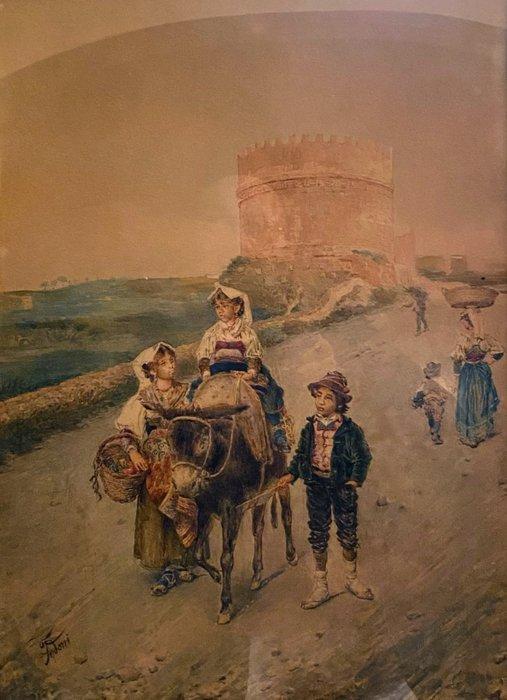 Filippo Indoni (1842-1883) - Gruppo di bambini con asinello, Antiek en Kunst, Kunst | Schilderijen | Klassiek