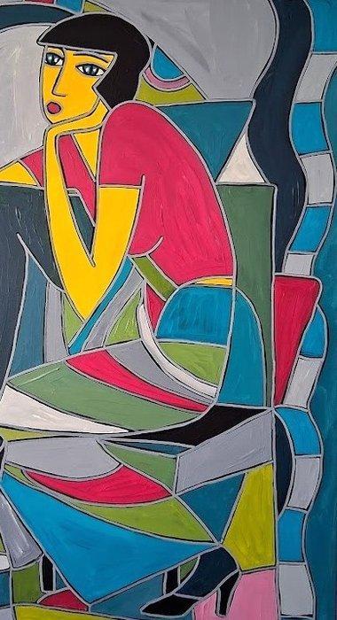 Patricia Kleyman (1965) - Elle pense à son Amoureux, Antiek en Kunst, Kunst | Schilderijen | Klassiek