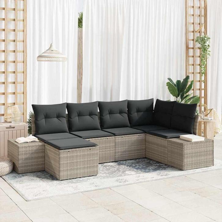 vidaXL Tuin Sofa Set met kussen 6 pcs Lichtgrijs poly rattan, Tuin en Terras, Tuinsets en Loungesets, Nieuw, Rotan, Verzenden