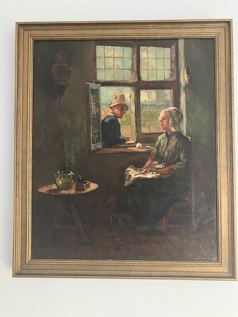 Arend Hijner (1866-1916) - Praatje door het raam, Antiek en Kunst, Kunst | Schilderijen | Klassiek