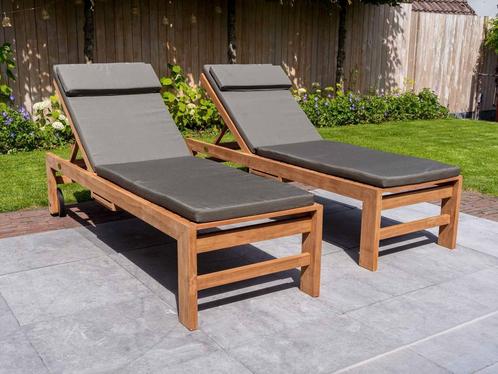 Teak ligbedden met kussens | Op voorraad | Snelle levering!, Tuin en Terras, Ligbedden, Verstelbaar, Verrijdbaar, Nieuw, Teakhout