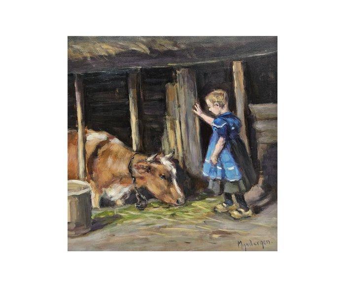 Hans Mijnsbergen (1945) - Girl with cow in the stable, Antiek en Kunst, Kunst | Schilderijen | Klassiek