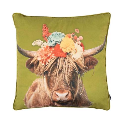 Kussen Portret Schotse Hooglander groen 45x45cm, Huis en Inrichting, Woonaccessoires | Overige, Verzenden
