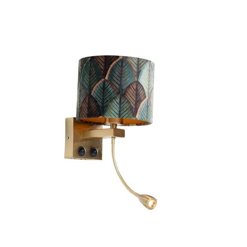 Wandlamp brons met velours lampenkap blad dessin met gouden, Huis en Inrichting, Lampen | Wandlampen, Nieuw, Overige materialen