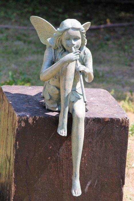 Figuur - bronzen fee met fluit voor huis of tuin - brons, Antiek en Kunst, Kunst | Designobjecten
