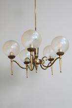 Vintage hanglamp, kroonluchter - messing jaren 50, Gebruikt, Glas, Vintage, 75 cm of meer