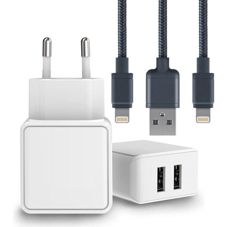 Duo USB Adapter + 2x Nylon iPhone Oplader Kabel - 2M, Telecommunicatie, Mobiele telefoons | Telefoon-opladers, Ophalen of Verzenden
