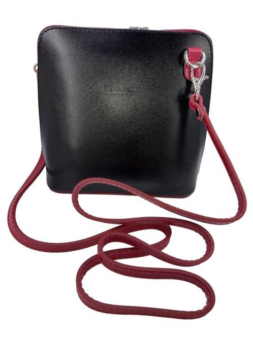 Zwart met rode details Vera Pelle Italiaans leren schouderta, Sieraden, Tassen en Uiterlijk, Portemonnees, Nieuw, Verzenden