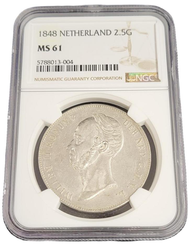 Koning Willem II 2 1/2 gulden 1848 MS61 NGC gecertificeerd, Postzegels en Munten, Munten | Nederland, Losse munt, Koning Willem II