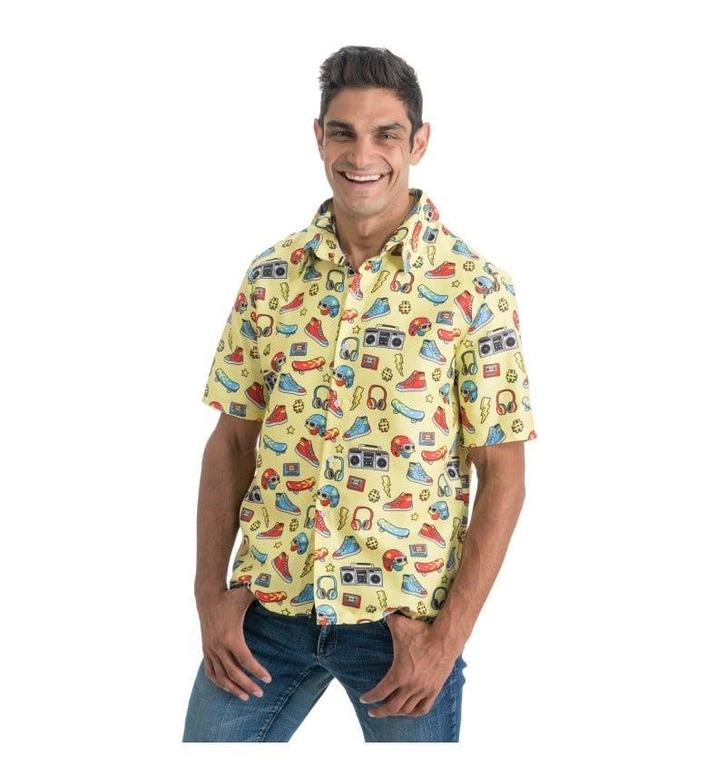 Gele 90s Blouse met Icoontjes, Kleding | Heren, Carnavalskleding en Feestkleding, Nieuw, Ophalen of Verzenden